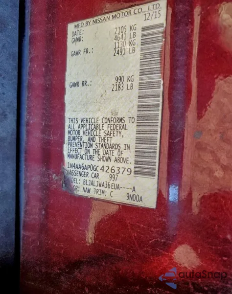 2016 Nissan Maxima 3.5S z USA, uszkodzony, nr VIN 1N4AA6AP0GC426379